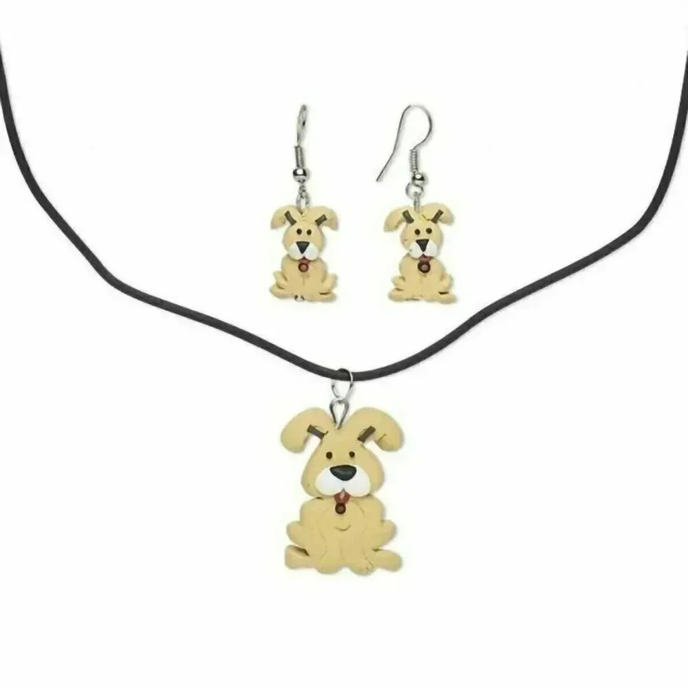 Hand Crafted Little Puppy Dogs Fimo Polymer Clay Necklace Earrings Set